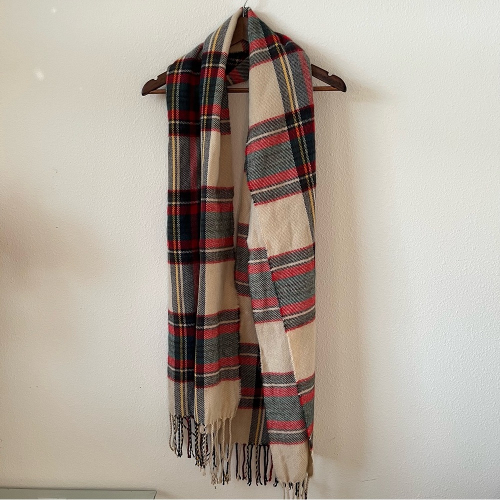 Free People Tartan Thick Warm Wool Scarf in Red Cream Green Multicolor Cozy - Picture 2 of 7
